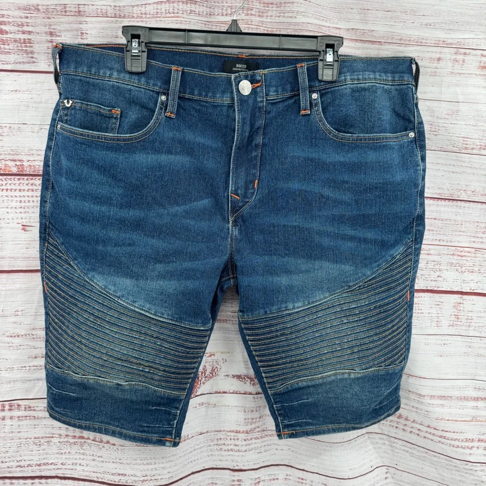 True Religion Rocco Shorts 38 Relaxed Skinny Moto Denim Blue Orange Stitching‎